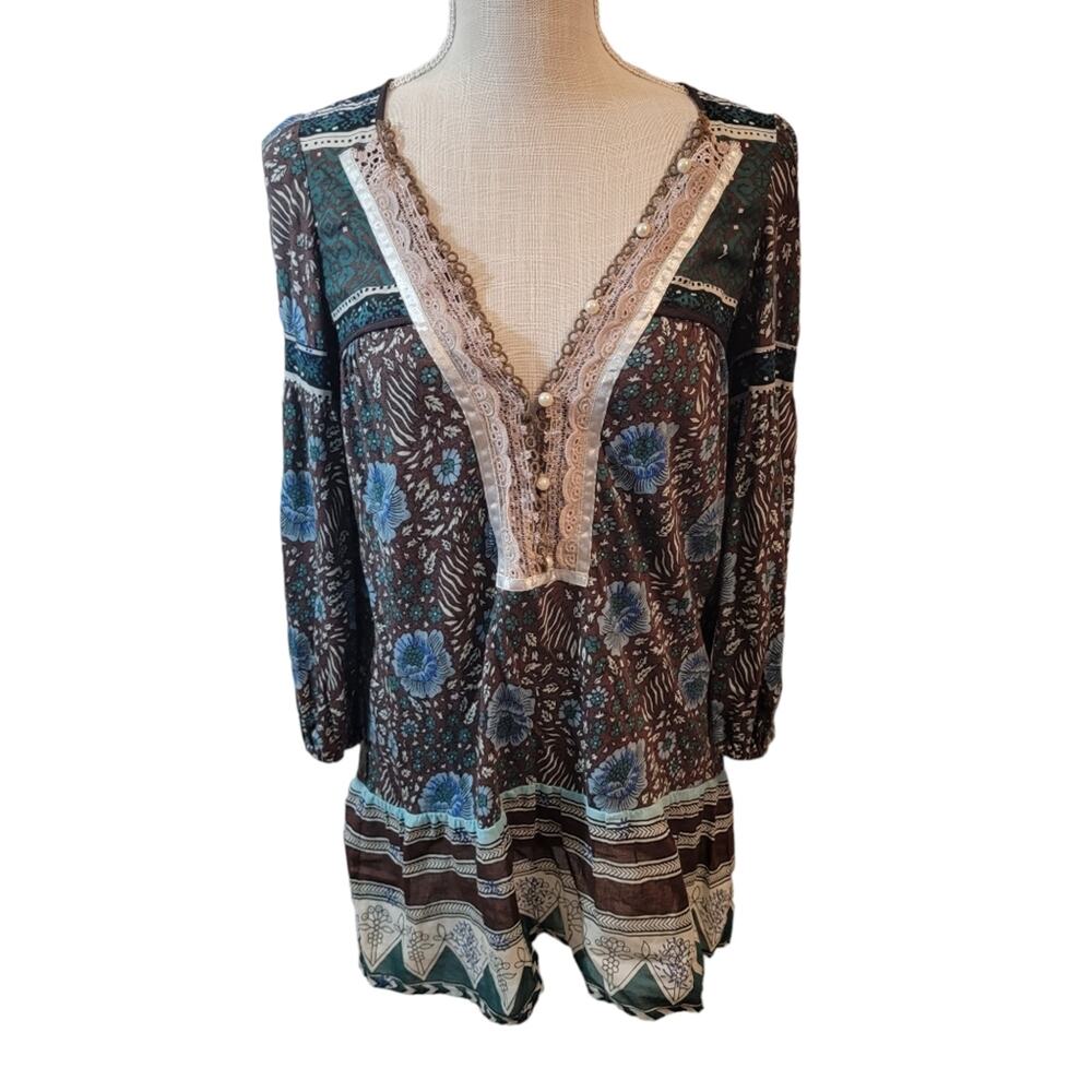 Free People Boho Flowered/Lace V-Neck Pearl Tea;/Brown Tunic Top Size XS